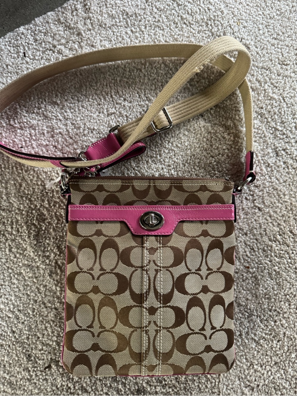 Coach Brown Signature Crossbody with Pink Trim